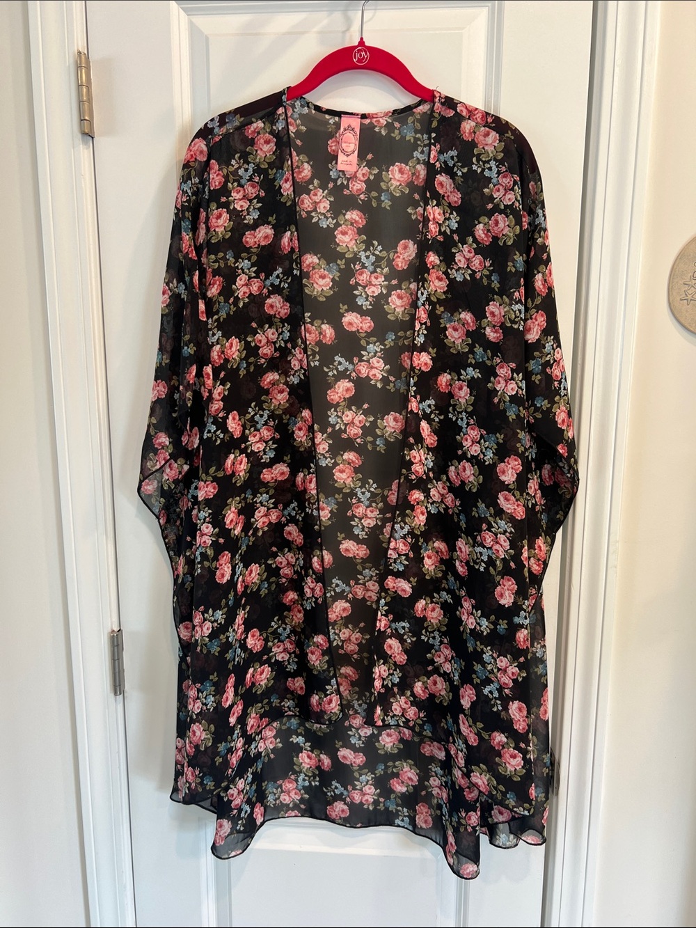 Honeyme Black Sheer Floral Kimono with Pink Roses